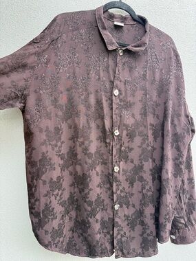 CP Shades Brocade Button Down Shirt Blouse Brown Textured Floral Vine Large
